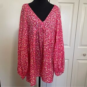 H & M Pink White Floral Print Tunic or Mini Dress V Cut Long Sleeve Size XS